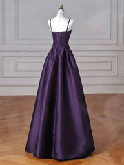 A-line Purple Satin Straps Long Formal Dress, Purple Satin Floor Length Party Dress
