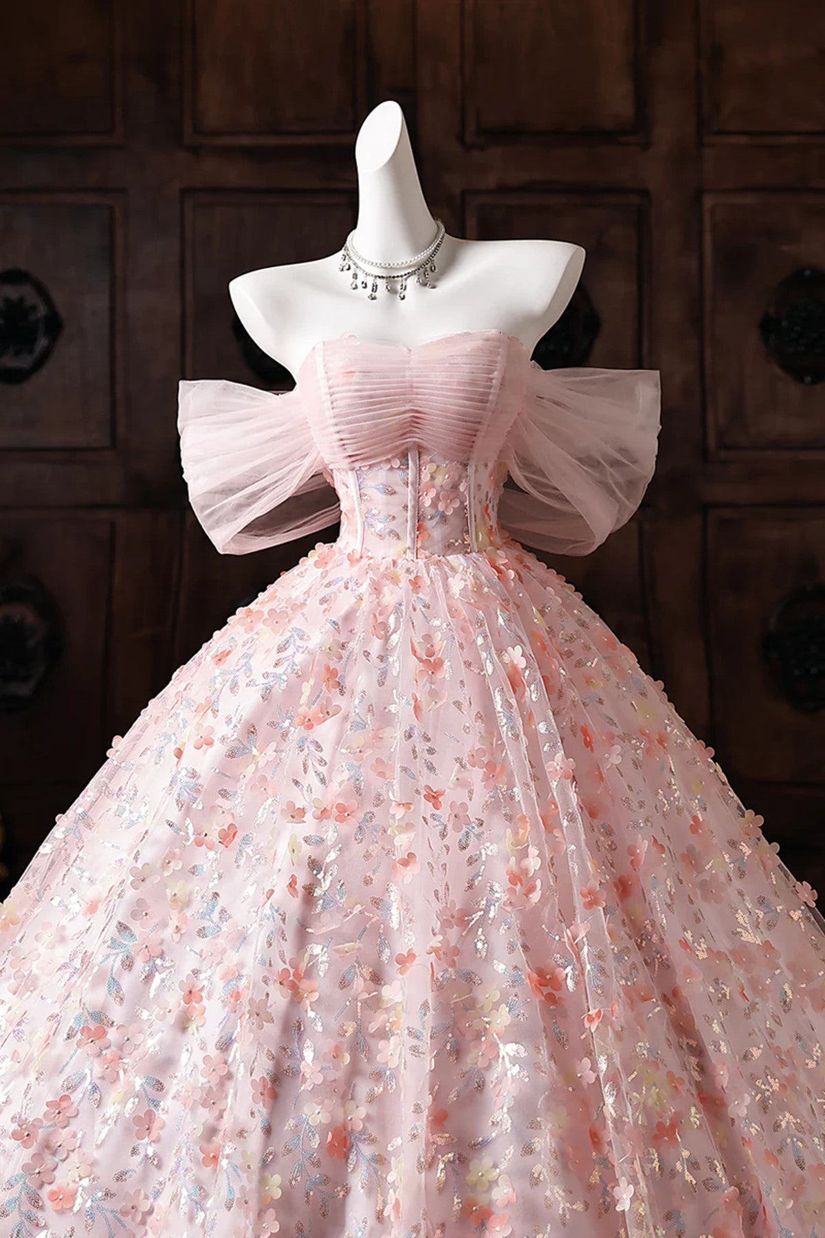 A-line Floral Lace Pink Sweetheart Prom Dress, Elegant Pink Floor Length Party Dress