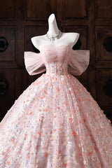 A-line Floral Lace Pink Sweetheart Prom Dress, Elegant Pink Floor Length Party Dress