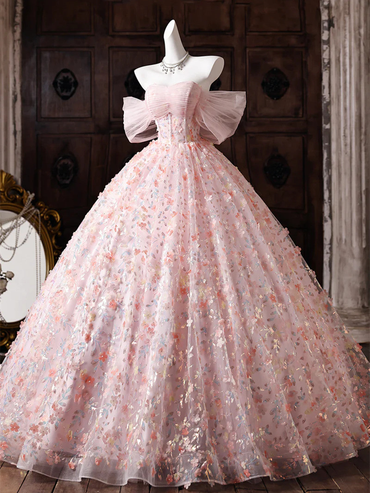 A-line Floral Lace Pink Sweetheart Prom Dress, Elegant Pink Floor Length Party Dress