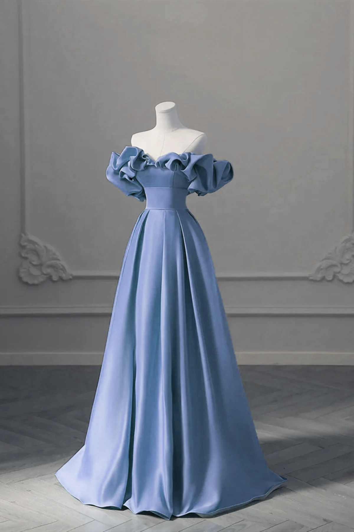 A-line Blue Satin Off Shoulder Long Evening Dress, Long Formal Dress Party Dress
