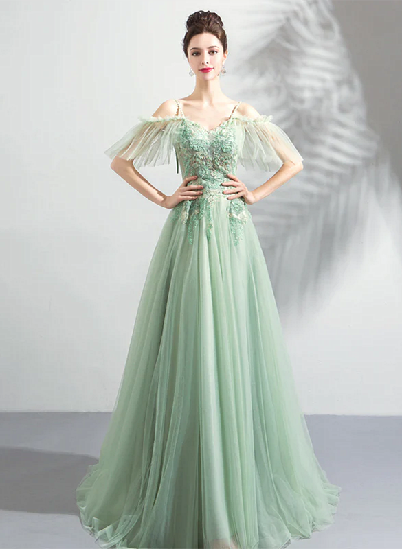 Beautiful Green Off Shoulder Sweetheart Lace Beaded Evening Dresses, Green Formal Dresses