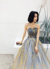 Beautiful Blue A-line Tulle Beaded Long Party Dress, Blue Prom Dress