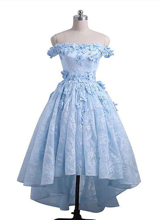 Beautiful Off the Shoulder Blue Prom Dresses Lace Applique,  High Low Prom Dress