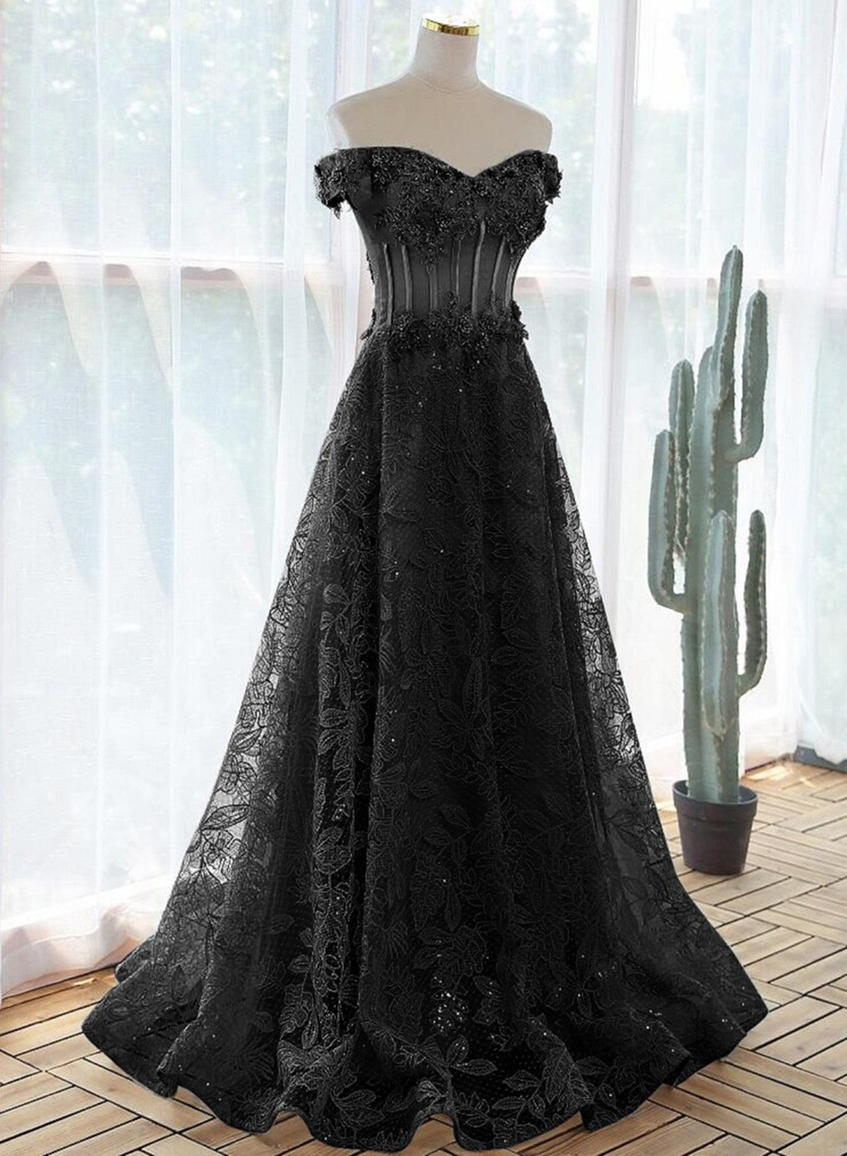 Black A-line Lace Off Shoulder Tulle with Lace Prom Dress, Black Long Evening Dress