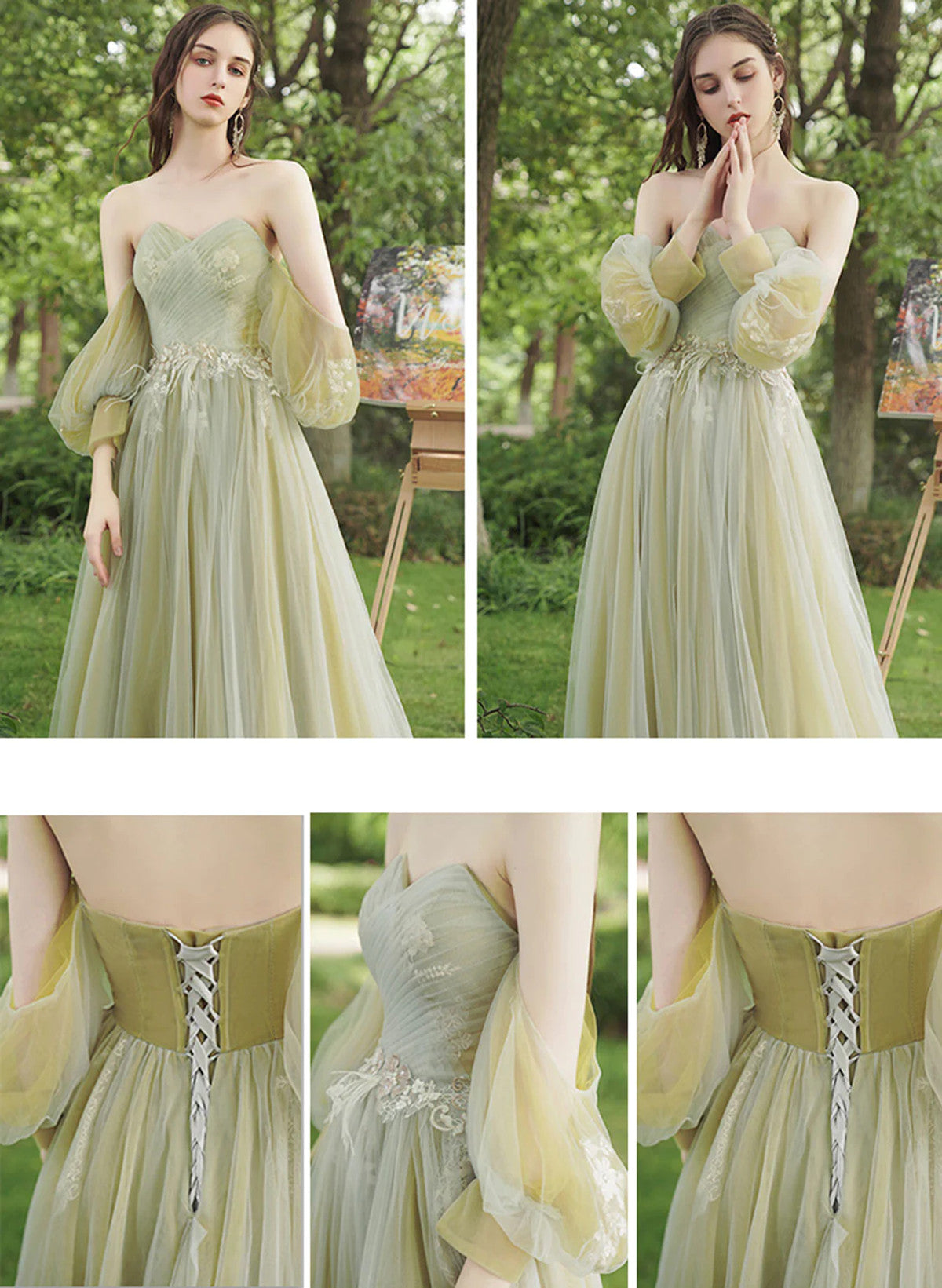 A-line Green Tulle Sweetheart Off Shoulder Prom Dress, Green Long Evening Dress