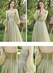 A-line Green Tulle Sweetheart Off Shoulder Prom Dress, Green Long Evening Dress