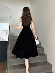 A-line Black Velvet Tea Length Round Neckline Party Dress, Black Velvet Prom Dress