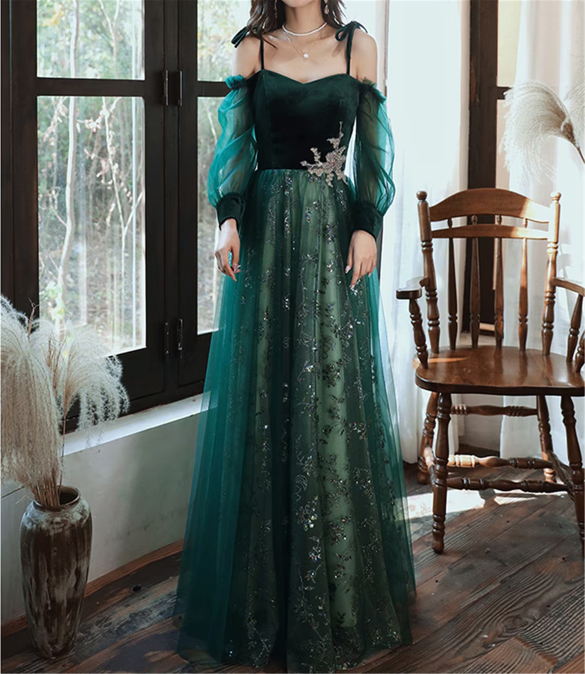 A-line Green Tulle with Lace Long Party Dress, Green Evening Prom Dress