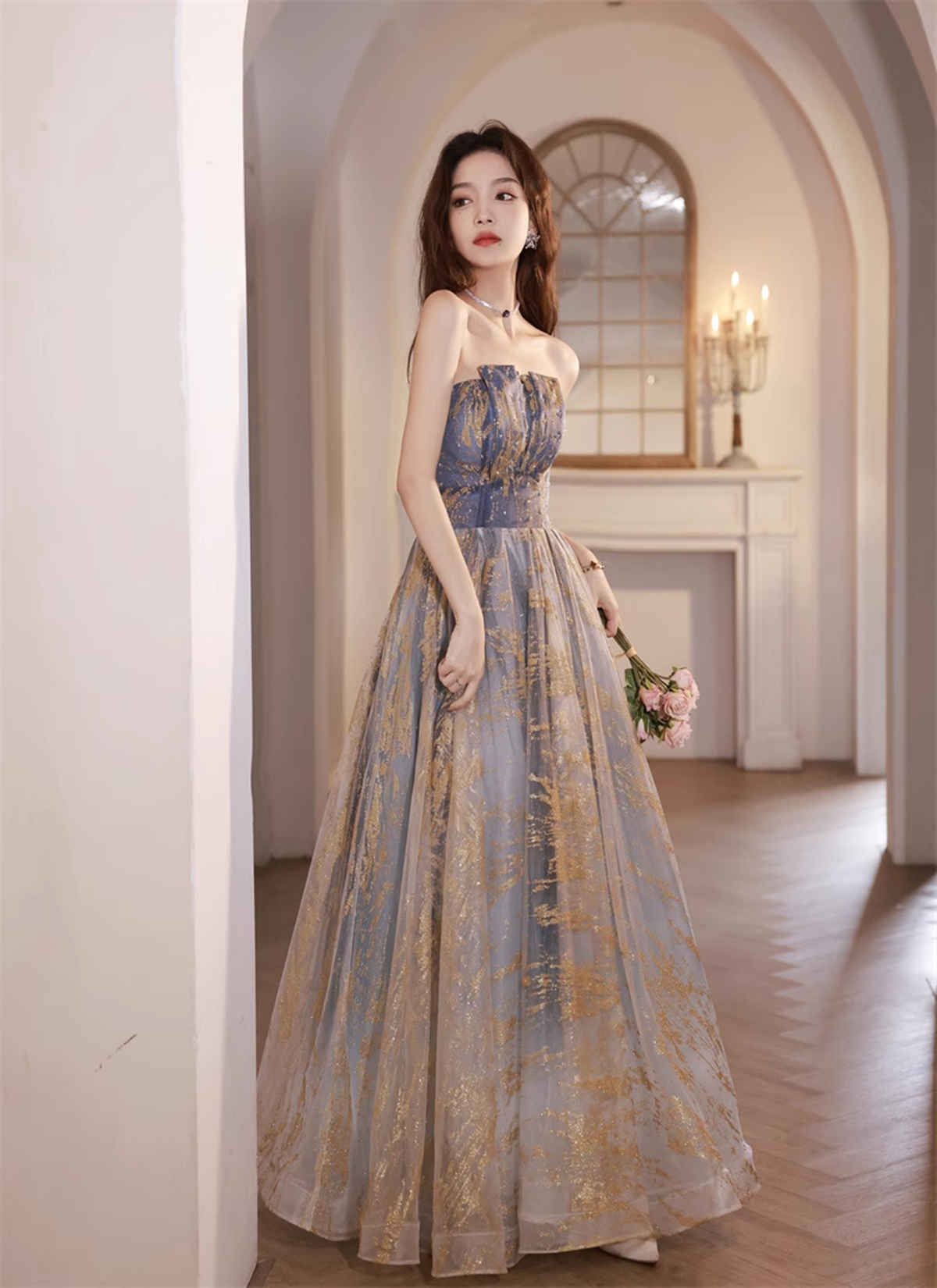 A-line Blue Gradient Tulle Long Party Dress, A-line Blue Prom Dress Formal Dress