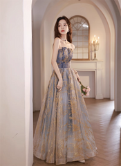 A-line Blue Gradient Tulle Long Party Dress, A-line Blue Prom Dress Formal Dress