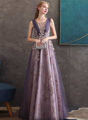 A-line Purple Tulle with Lace Applique Long Formal Dress, Purple Bridesmaid Dress