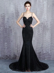 Beautiful Mermaid Black Straps Long Formal Dress, Black Evening Dress Prom Dress