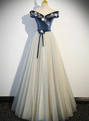 A-line Blue-Grey Off Shoulder Long Party Dress, Tulle and Velevet Long Prom Dress