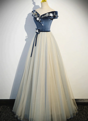 A-line Blue-Grey Off Shoulder Long Party Dress, Tulle and Velevet Long Prom Dress