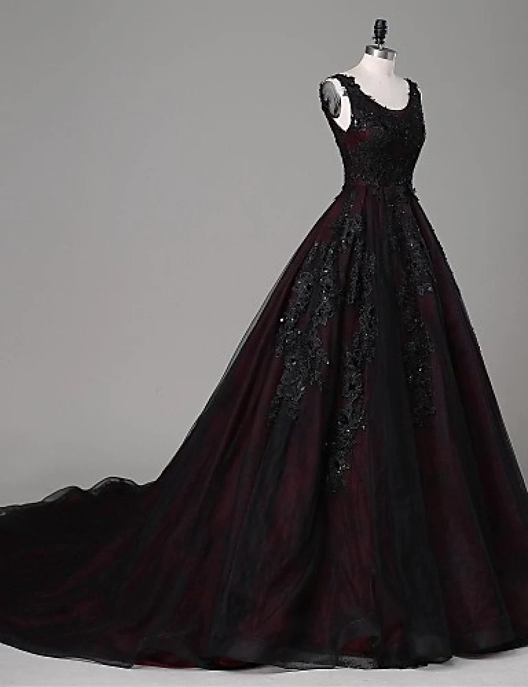Black and Red Backless Tulle Long Formal Gown, Black and Red Long Prom Dress