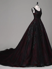 Black and Red Backless Tulle Long Formal Gown, Black and Red Long Prom Dress
