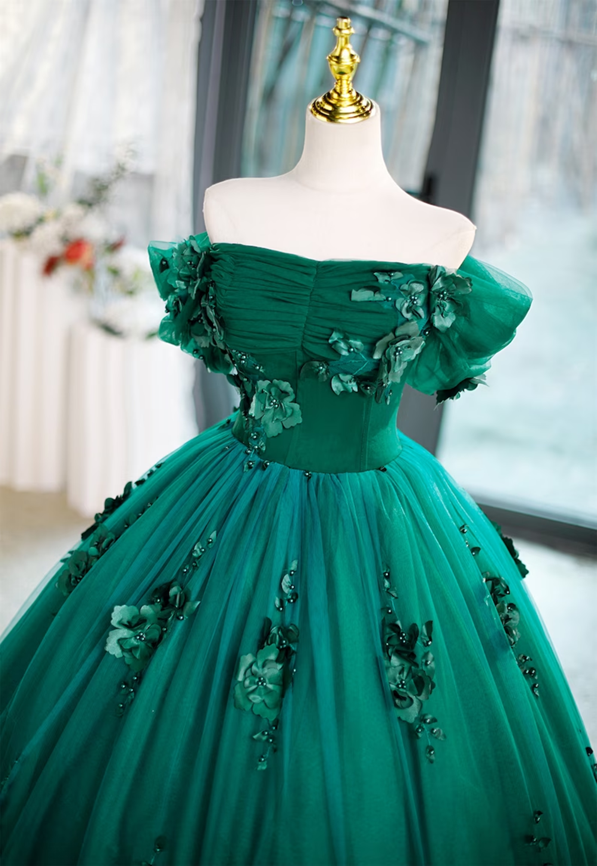 Beautiful Green Off Shoulder Party Dress with Flowers, Green Sweet 16 Dress
