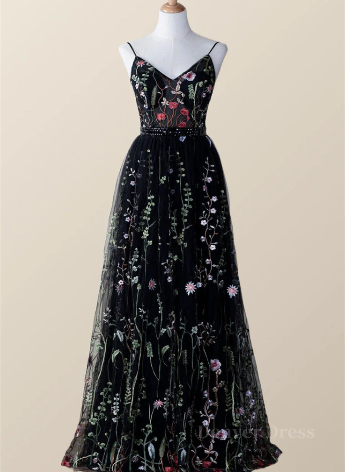 Black Floral Tulle A-line V-neckline Long Prom Dress, Black Evening Dress Party Dress