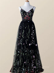 Black Floral Tulle A-line V-neckline Long Prom Dress, Black Evening Dress Party Dress