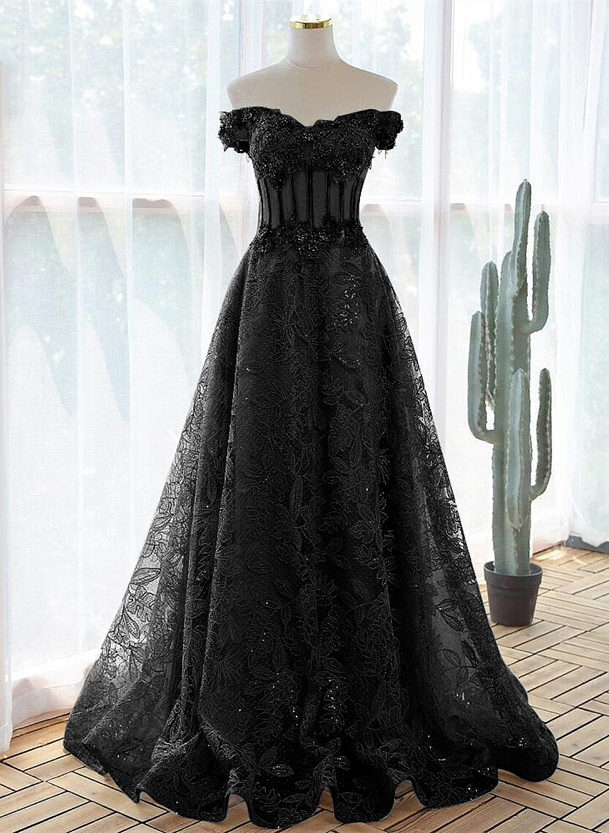Black A-line Lace Off Shoulder Tulle with Lace Prom Dress, Black Long Evening Dress