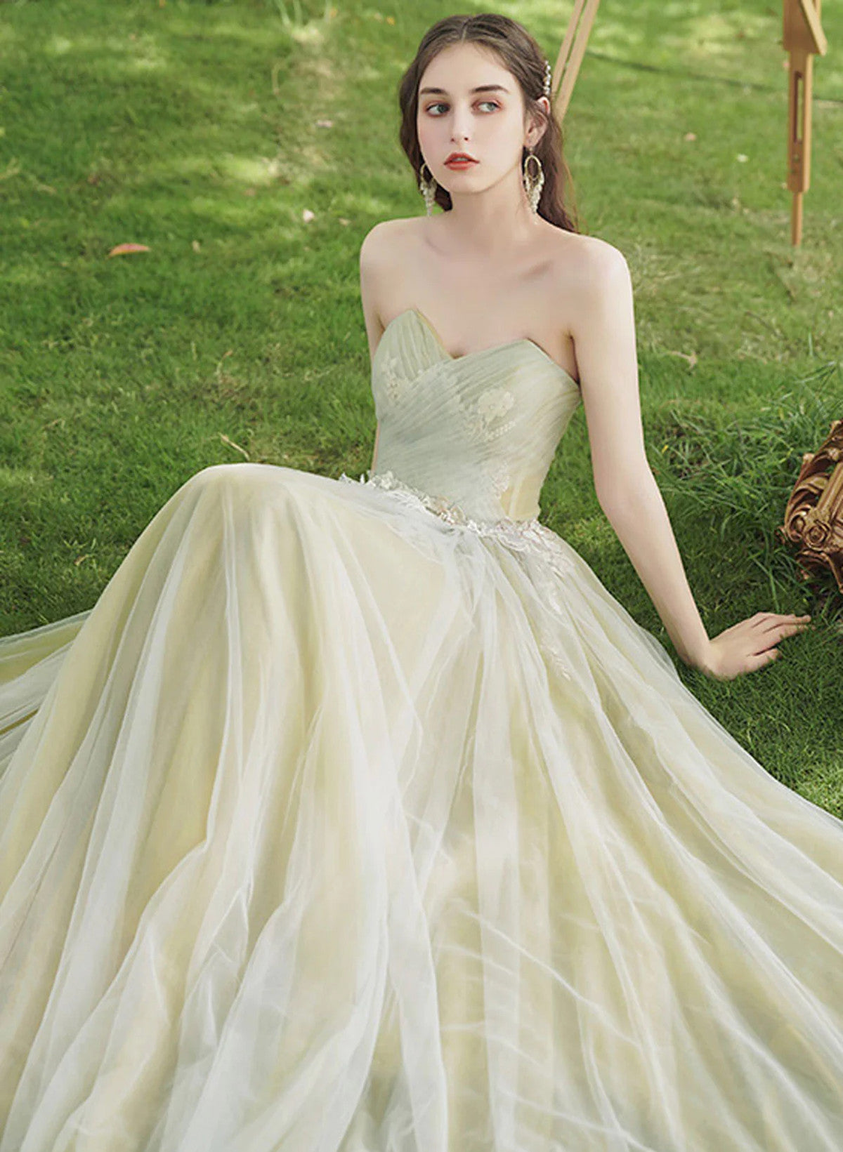 A-line Green Tulle Sweetheart Off Shoulder Prom Dress, Green Long Evening Dress