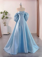 A-line Off Shoulder Blue Satin Long Evening Dress, Blue Prom Dress