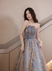 A-line Blue Gradient Tulle Long Party Dress, A-line Blue Prom Dress Formal Dress