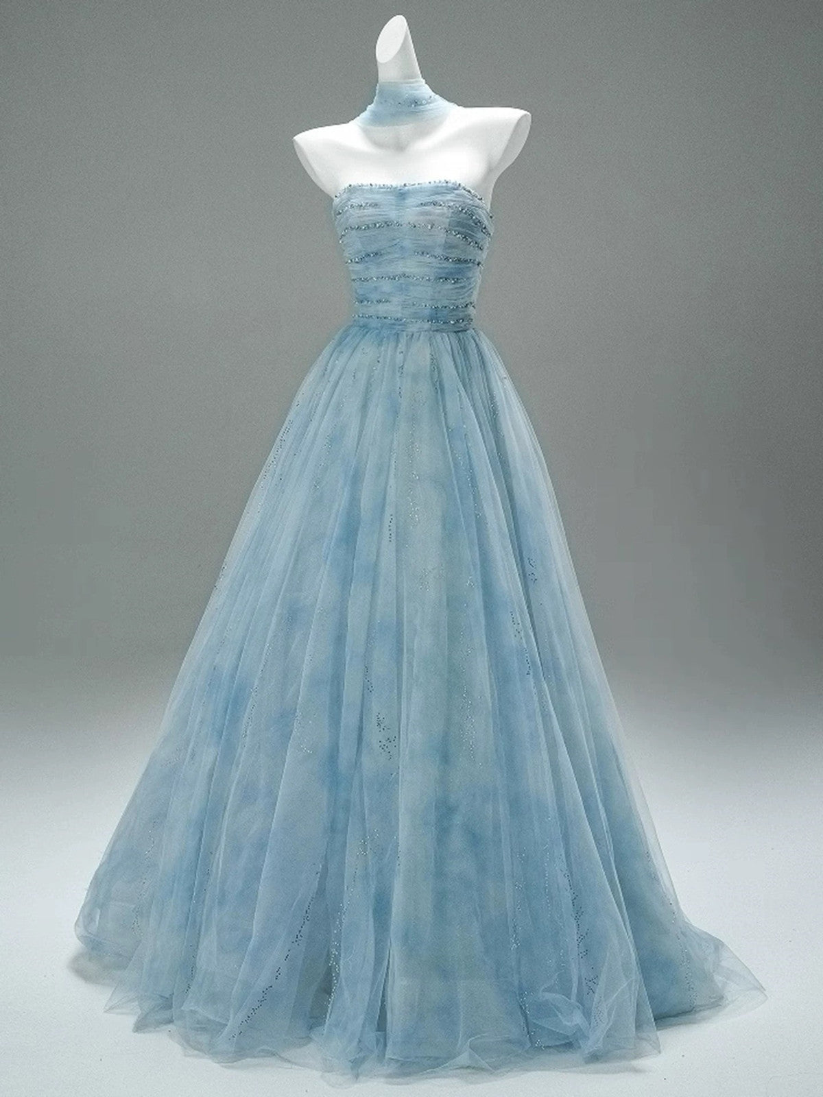 A-line Light Blue Floral Fairytale Tulle Prom Dress, Beaded Scoop Long Party Dress