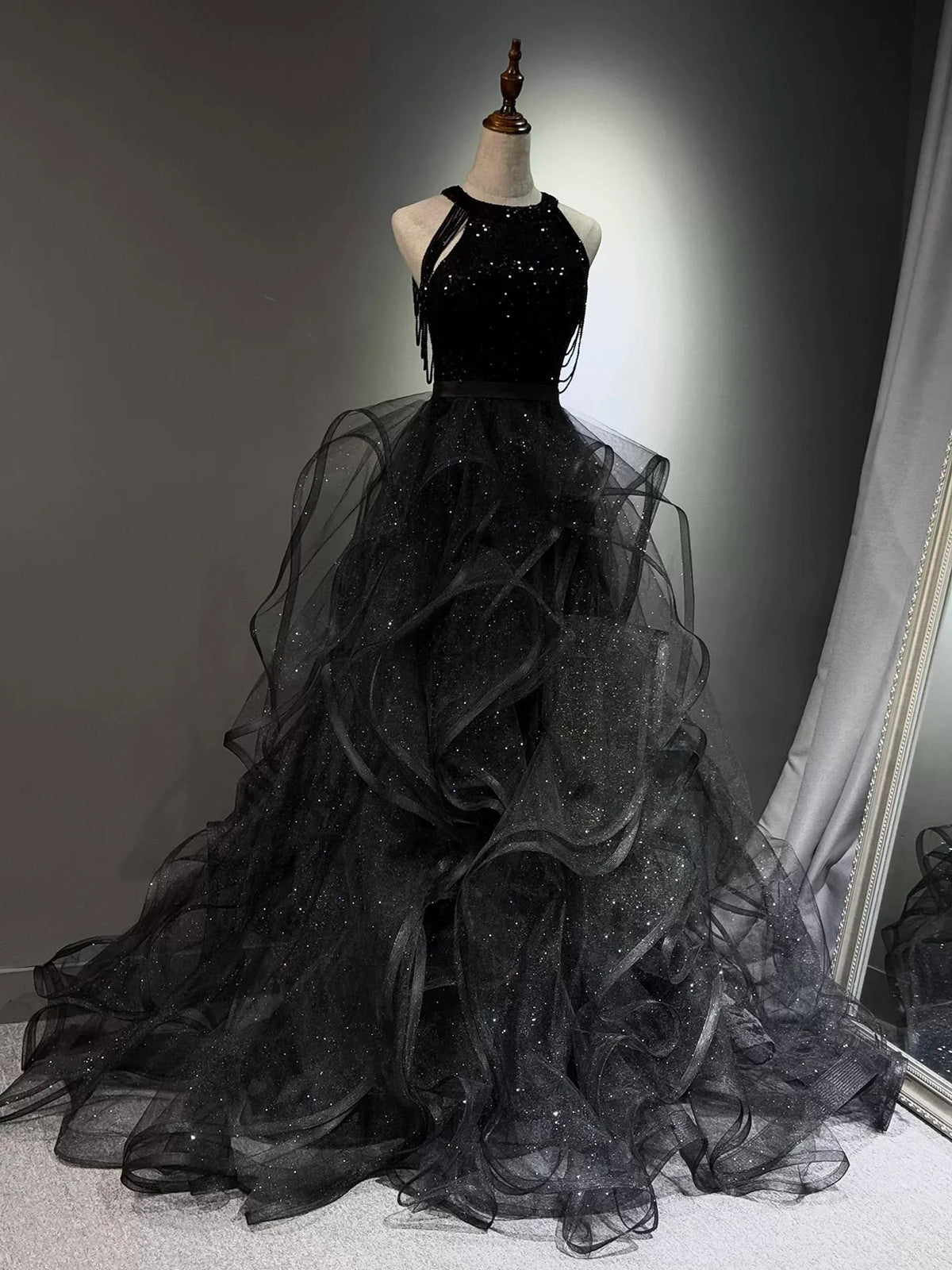 Black Halter Sequins and Tulle Beaded Prom Dress, Black Chic Long Party Dress Evening Dress