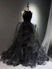 Black Halter Sequins and Tulle Beaded Prom Dress, Black Chic Long Party Dress Evening Dress