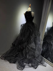 Black Halter Sequins and Tulle Beaded Prom Dress, Black Chic Long Party Dress Evening Dress