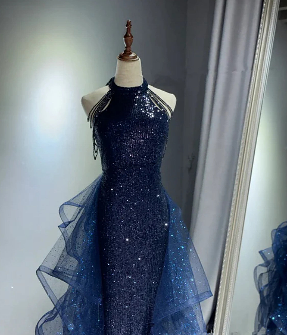 A-line Navy Blue High Low Sequins with Tulle Homecoming Dress, Navy Blue Formal Dress