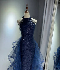 A-line Navy Blue High Low Sequins with Tulle Homecoming Dress, Navy Blue Formal Dress