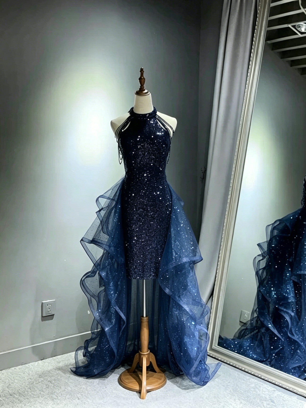 A-line Navy Blue High Low Sequins with Tulle Homecoming Dress, Navy Blue Formal Dress