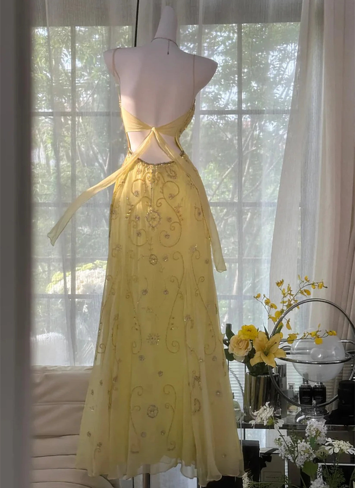 A-line Yellow Chiffon Beaded Low Back Prom Dress, Yellow Sweetheart Straps Long Party Dress