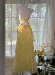 A-line Yellow Chiffon Beaded Low Back Prom Dress, Yellow Sweetheart Straps Long Party Dress
