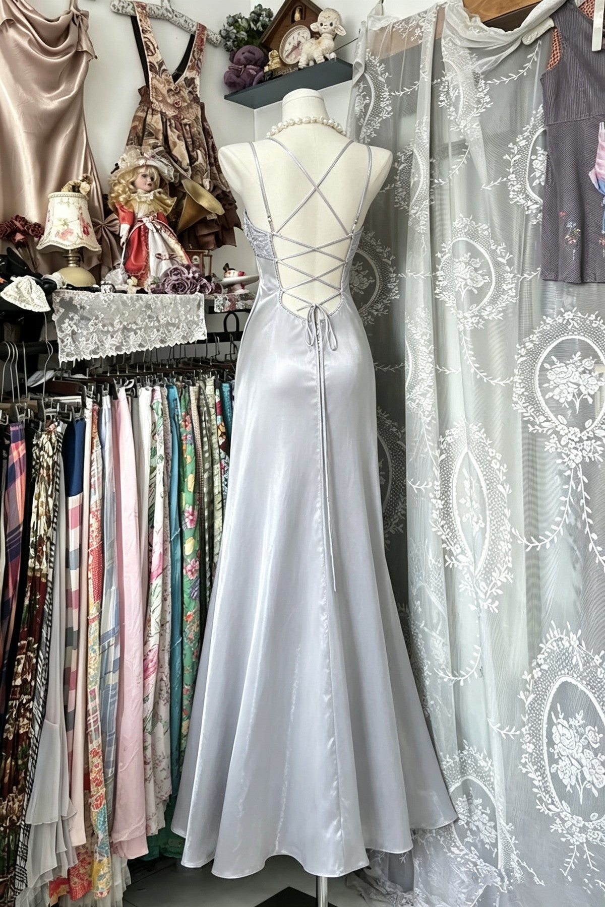 A-line Sliver Straps Long Party Dress with Lace Applique, Charming Satin Evening Dress