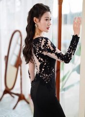 Black Mermaid Long Sleeves with Lace Wedding Party Dress, Black Mermaid Prom Dress