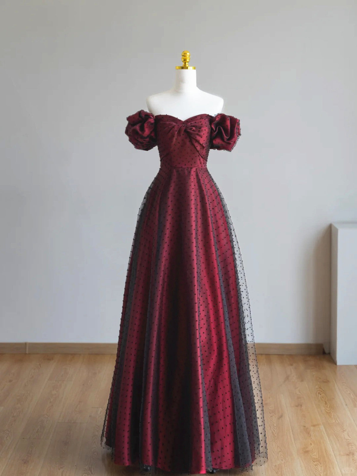 A-line Tulle Off Shoulder Black and Red Prom Dress, Black and Red Gown