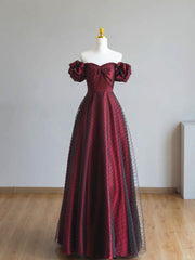 A-line Tulle Off Shoulder Black and Red Prom Dress, Black and Red Gown