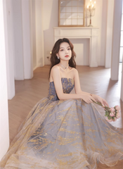 A-line Blue Gradient Tulle Long Party Dress, A-line Blue Prom Dress Formal Dress