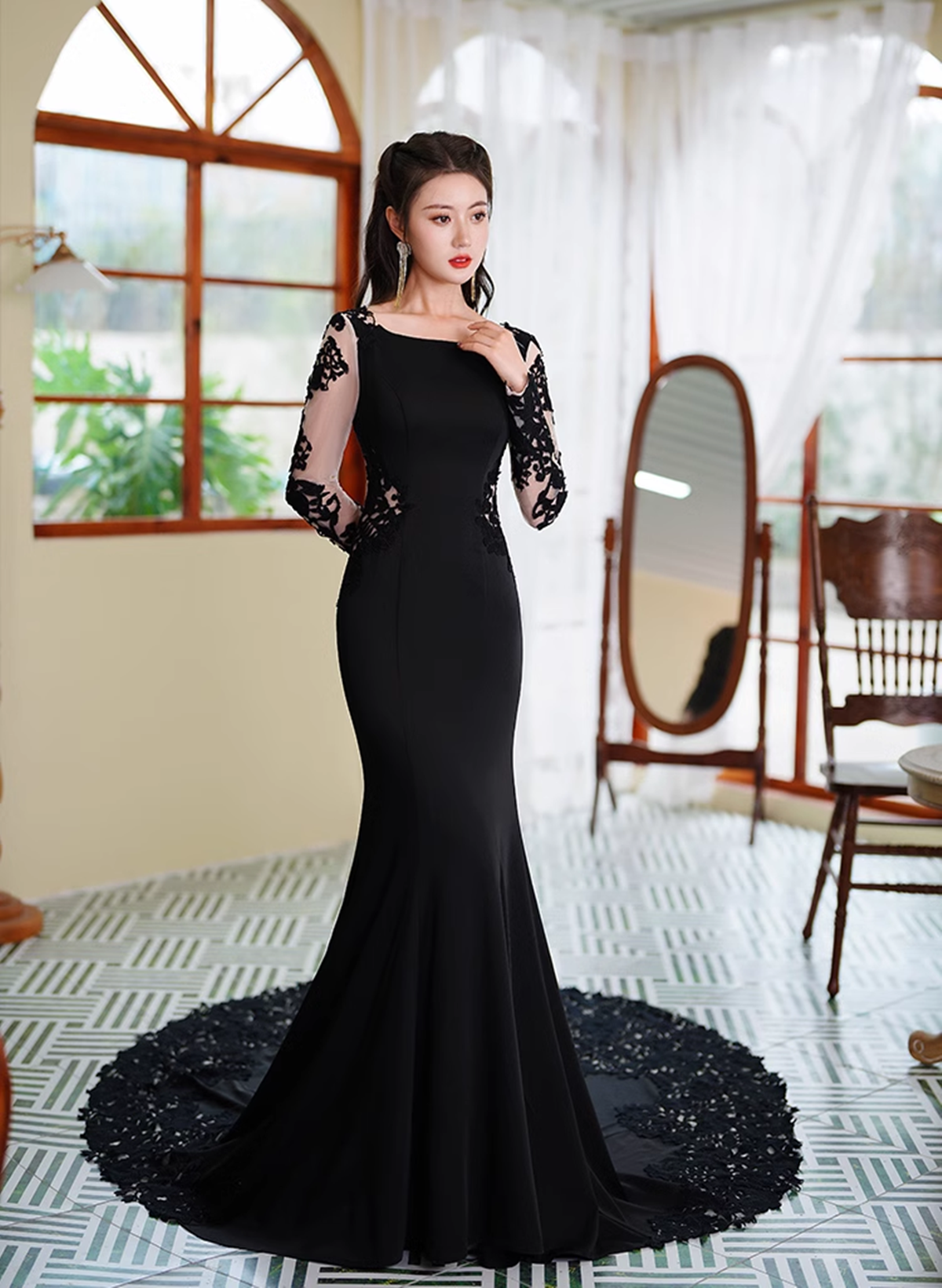 Black Mermaid Long Sleeves with Lace Wedding Party Dress, Black Mermaid Prom Dress