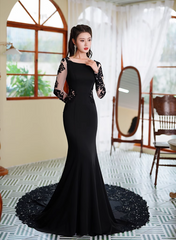 Black Mermaid Long Sleeves with Lace Wedding Party Dress, Black Mermaid Prom Dress