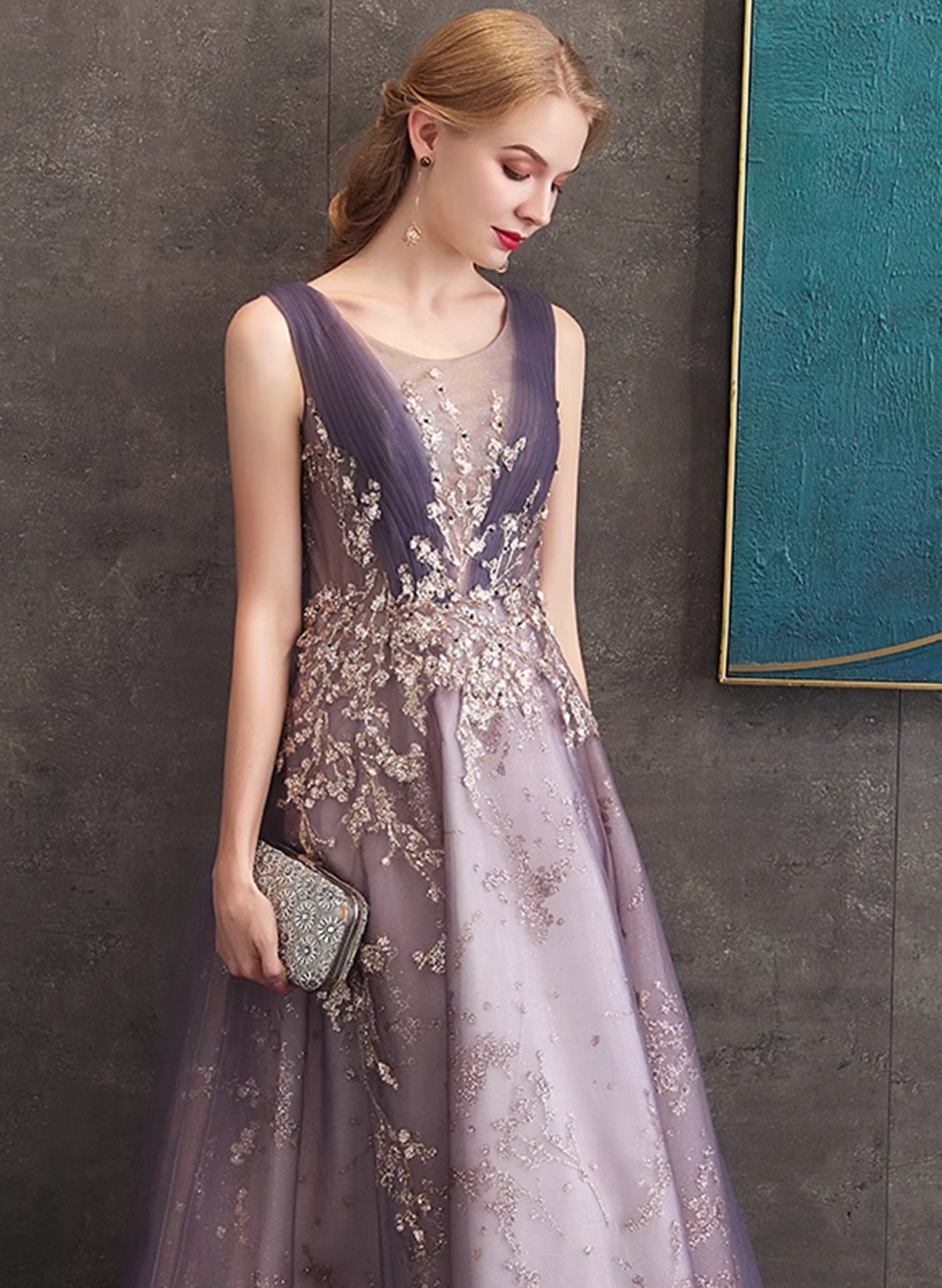 A-line Purple Tulle with Lace Applique Long Formal Dress, Purple Bridesmaid Dress