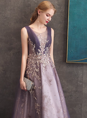 A-line Purple Tulle with Lace Applique Long Formal Dress, Purple Bridesmaid Dress