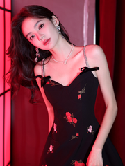 Black Floral Short Straps Homecoming Dress, Black Party Dress Prom Dress