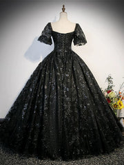Black Lace  Short Sleeves Long Evening Dress, Black Sweetheart Prom Dress Party Dress