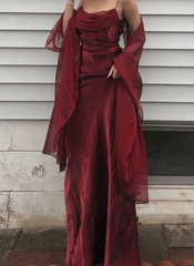 Beautiful Wine Red Satin Long Prom Dress with Straps, Wine Red Long Party Dress