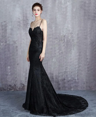 Beautiful Mermaid Black Straps Long Formal Dress, Black Evening Dress Prom Dress